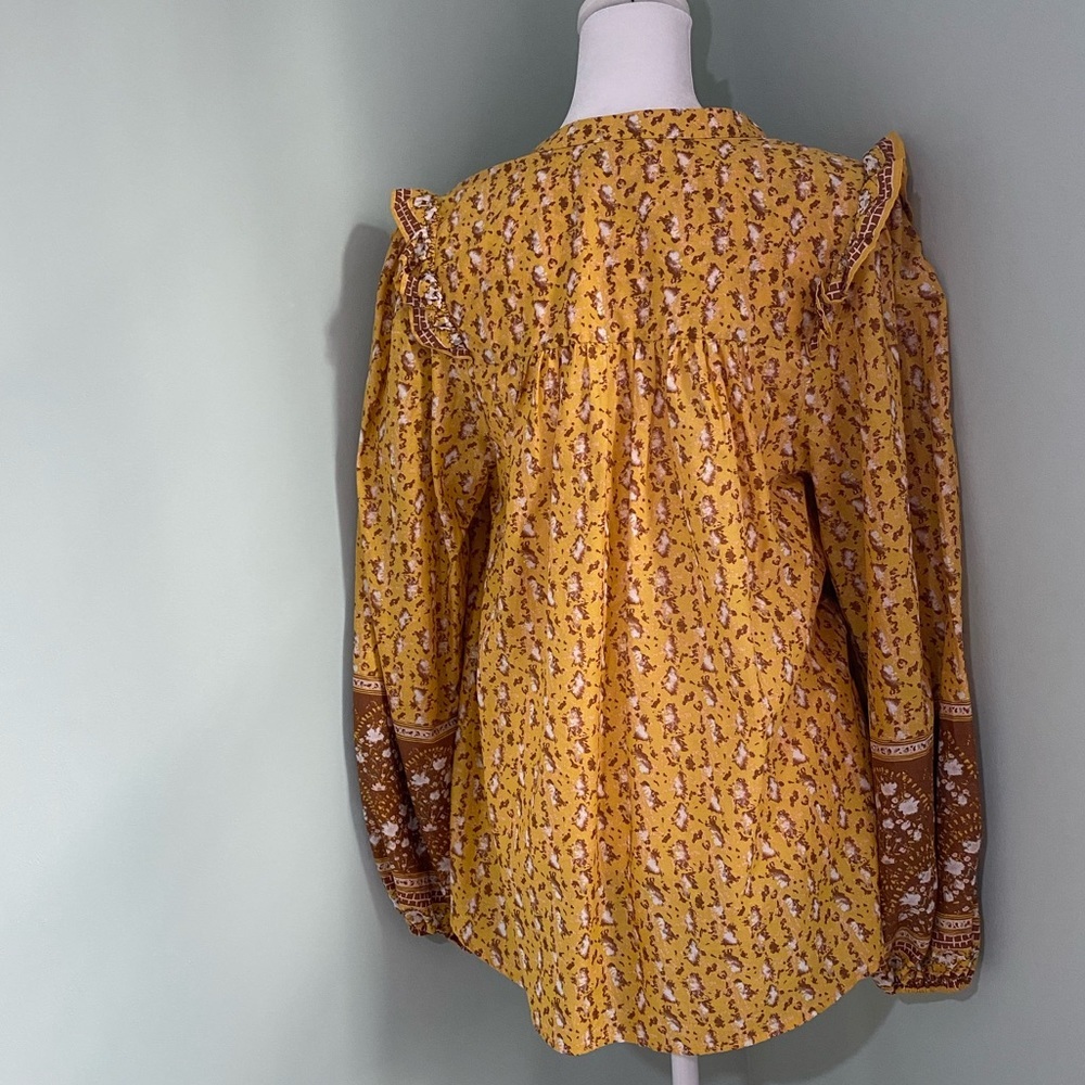 NEW Joie Yellow Puff Shoulder Ruffle Yoke Button-Down Cotton Blouse - Picture 3 of 5